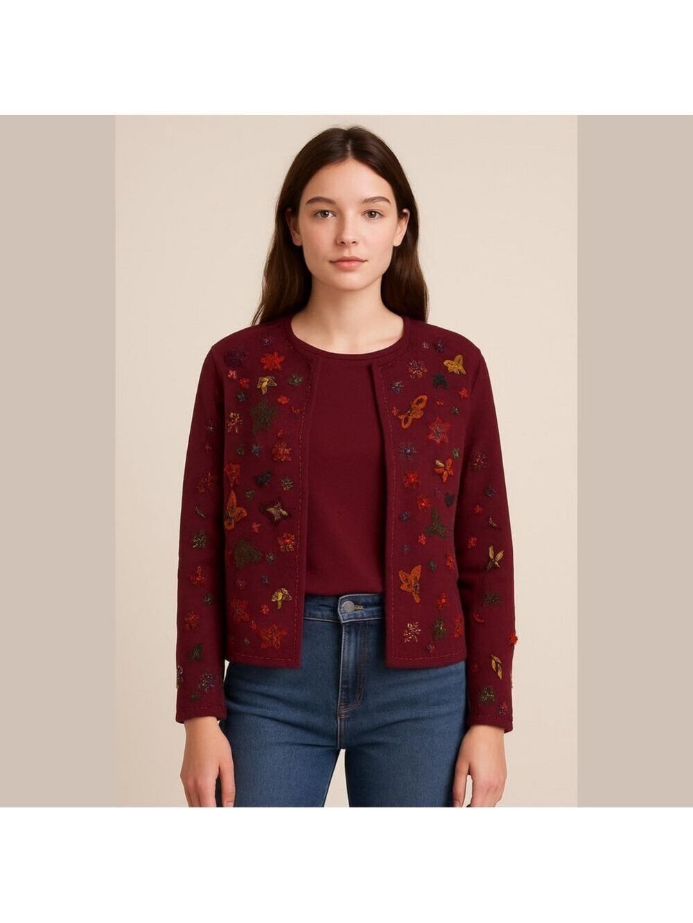 Vintage 90s Embroidered Cardigan Burgundy Wine